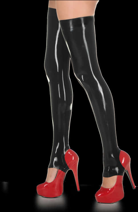 Glossy Black Latex Stockings Red High Heels PNG