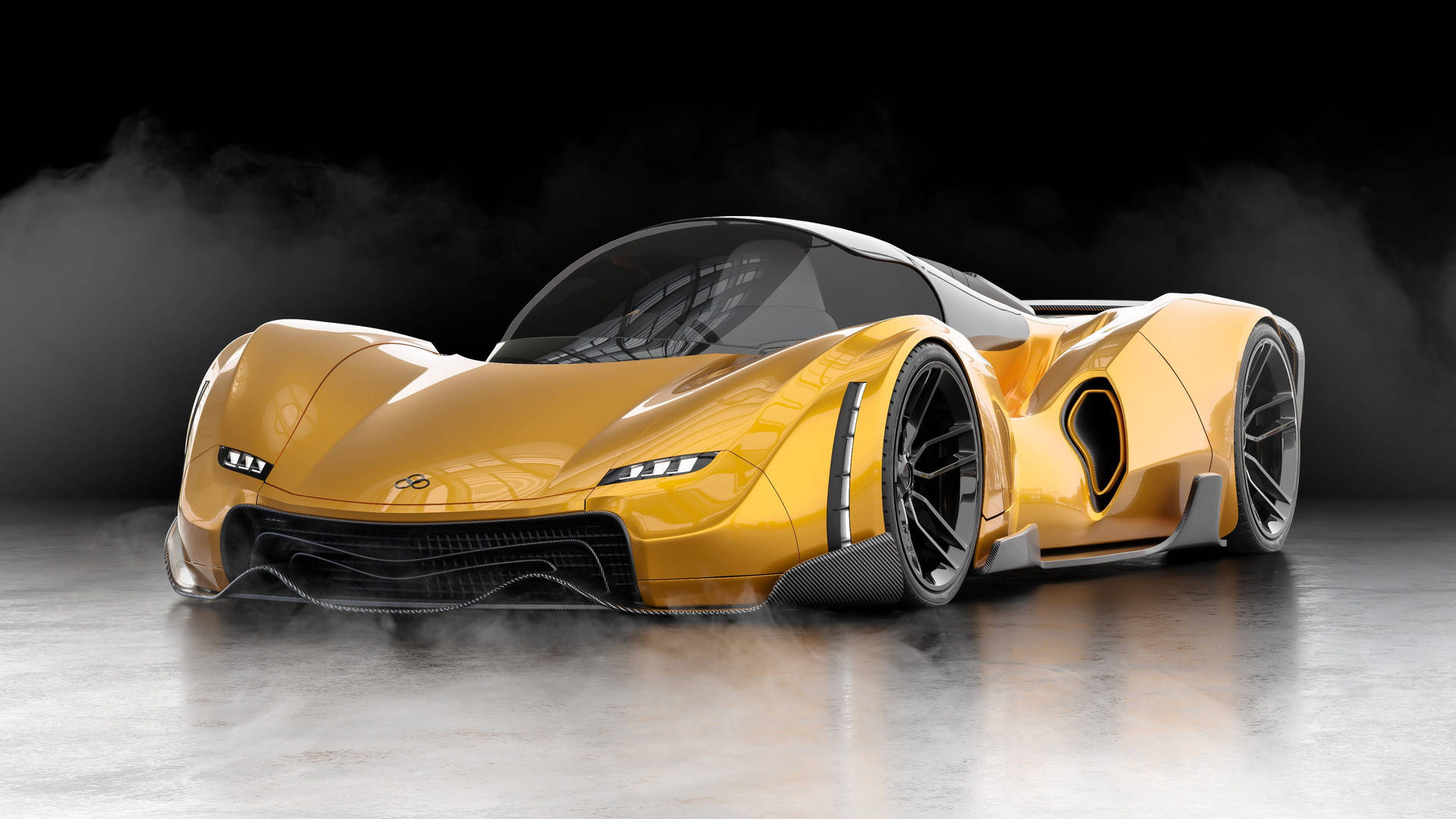 Glanset gul 3D-bil med røg grafik Wallpaper