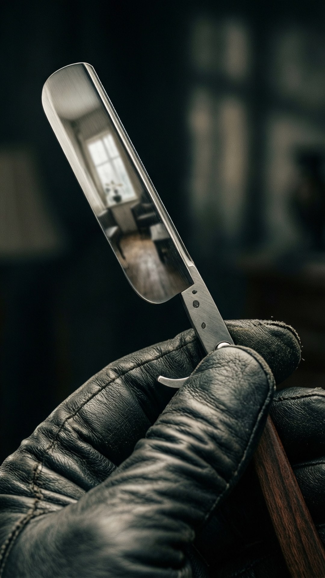 Straight razor held by gloved hand, reflection in blade, noir lighting.