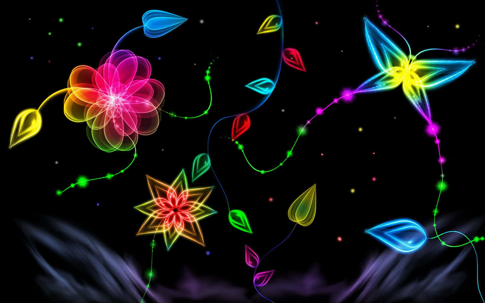 Colorful Flowers And Butterflies In The Dark