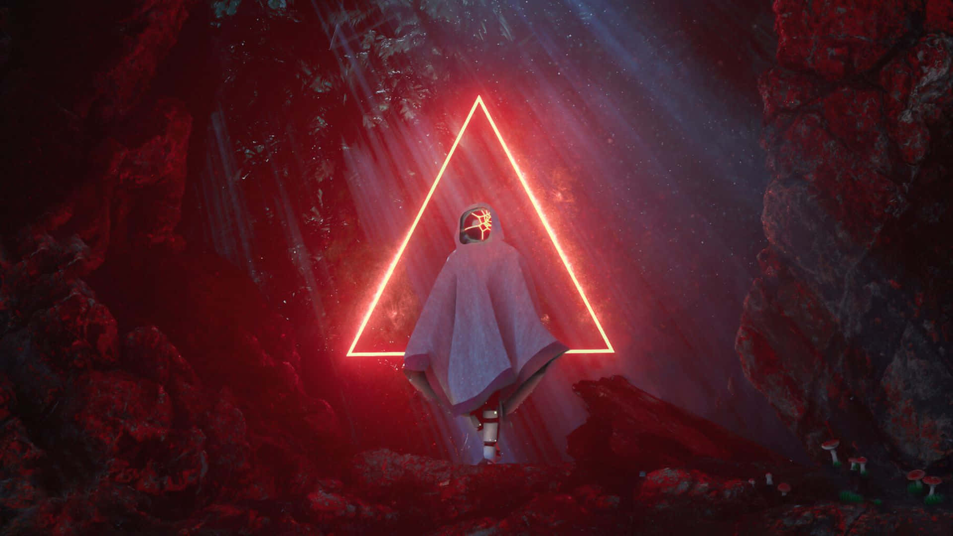 A Man In A Robe Is Standing In A Cave With A Red Triangle
