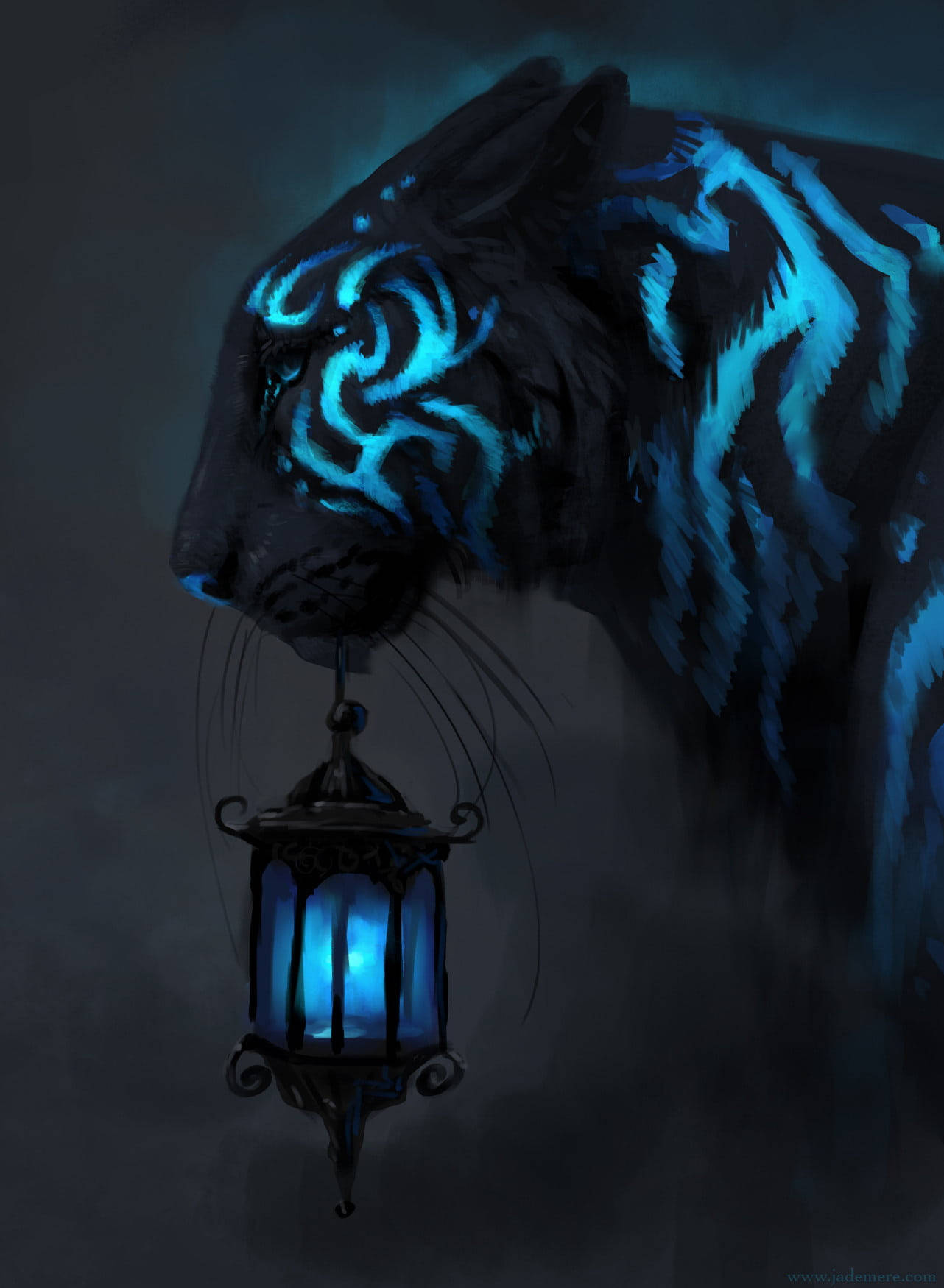 Glowing Black Tiger With Lamp Wallpaper