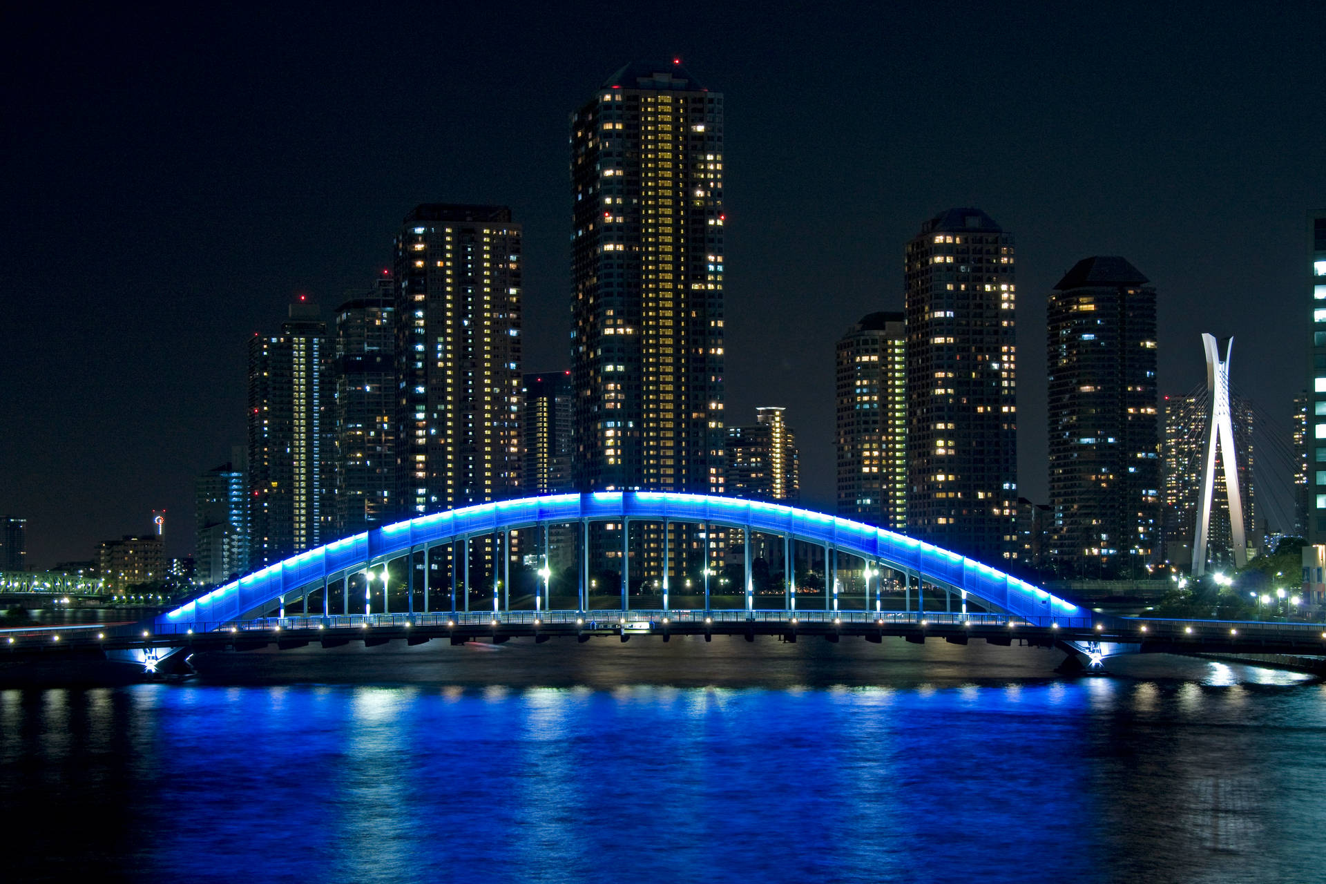 Glowing Blue Eitai Bridge Tokyo Japan Wallpaper