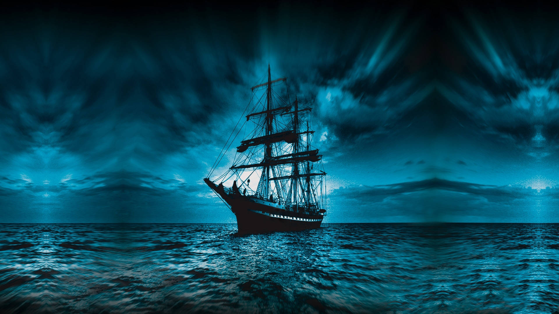 Glowing Blue Pirate Ship Wallpaper