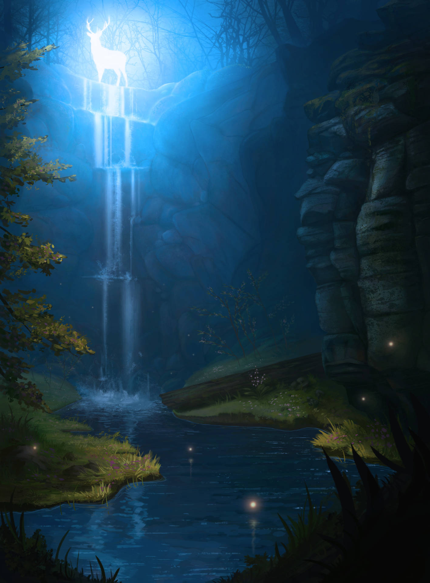 A magical deer stands beside a majestic waterfall. Wallpaper