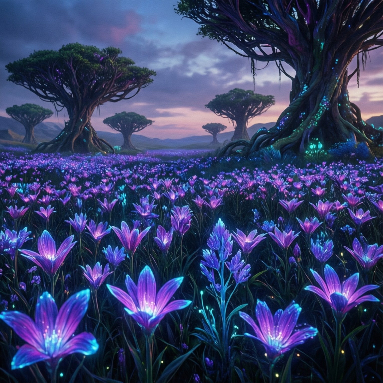 Bioluminescerande flora fält på Naboo vid skymning.