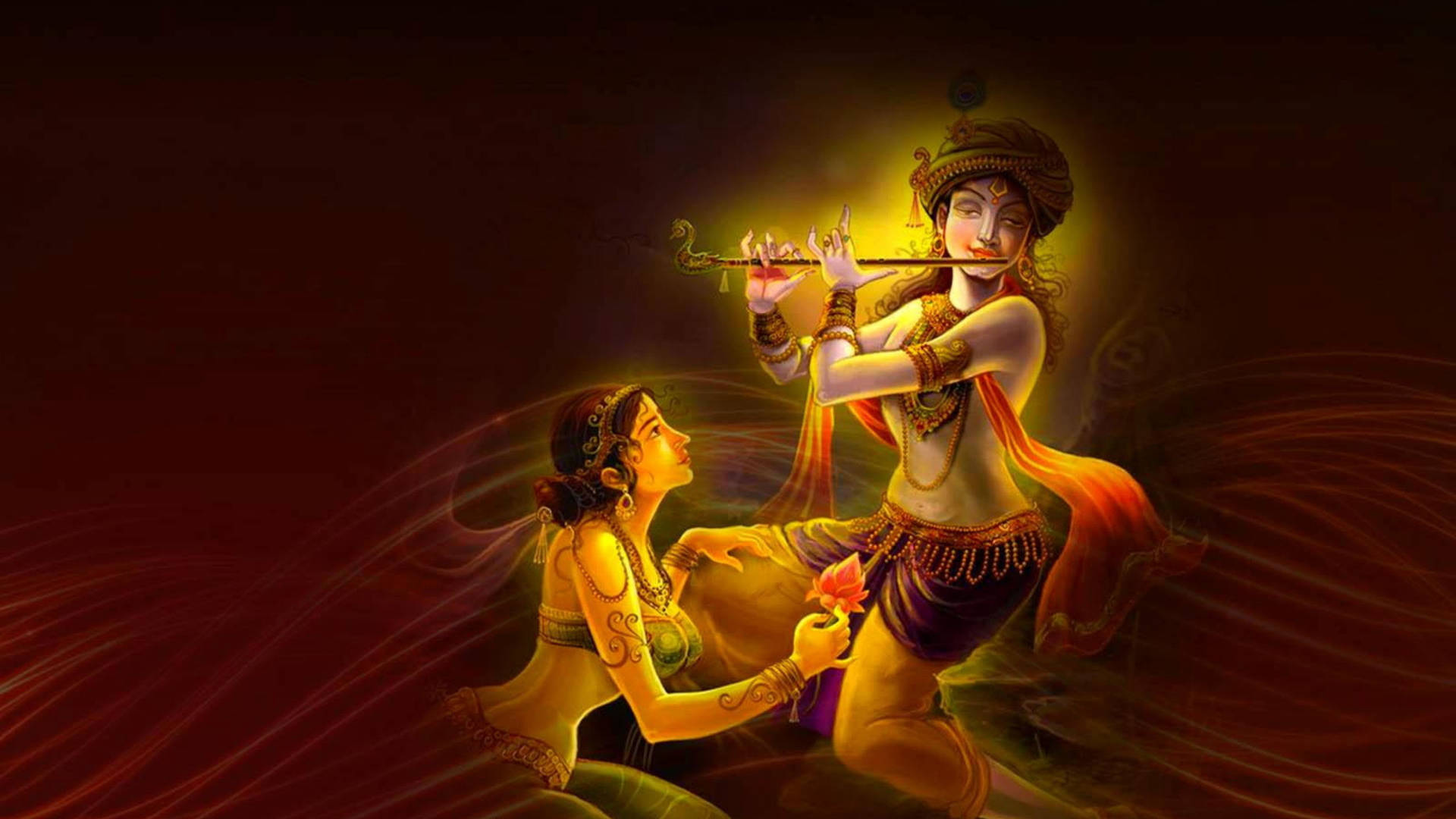Download Glowing Hindu God Krishna Playing Flute Wallpaper 