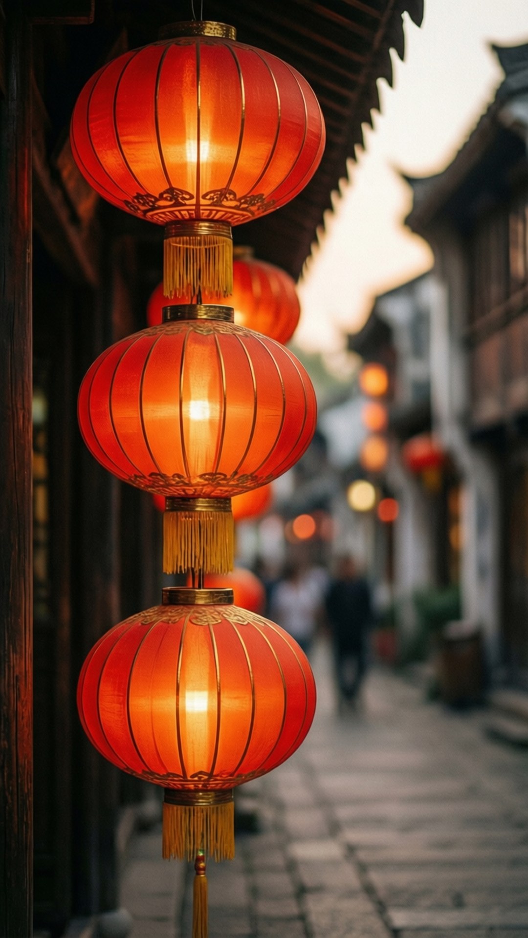 Lanterne Luminose Sfondi — Tre lanterne rosse che brillano dolcemente in una strada tradizionale.
