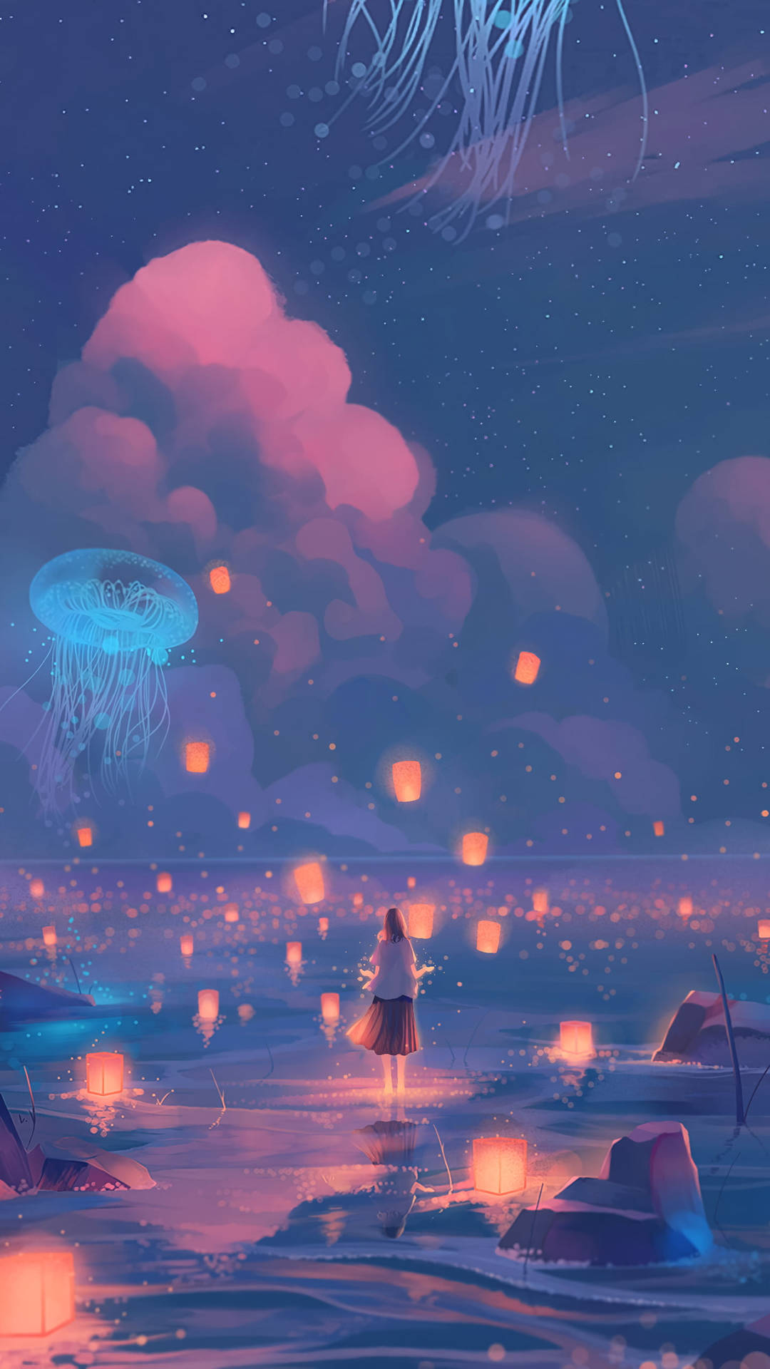 Glowing Lanterns Jellyfishes Art Drawing Background
