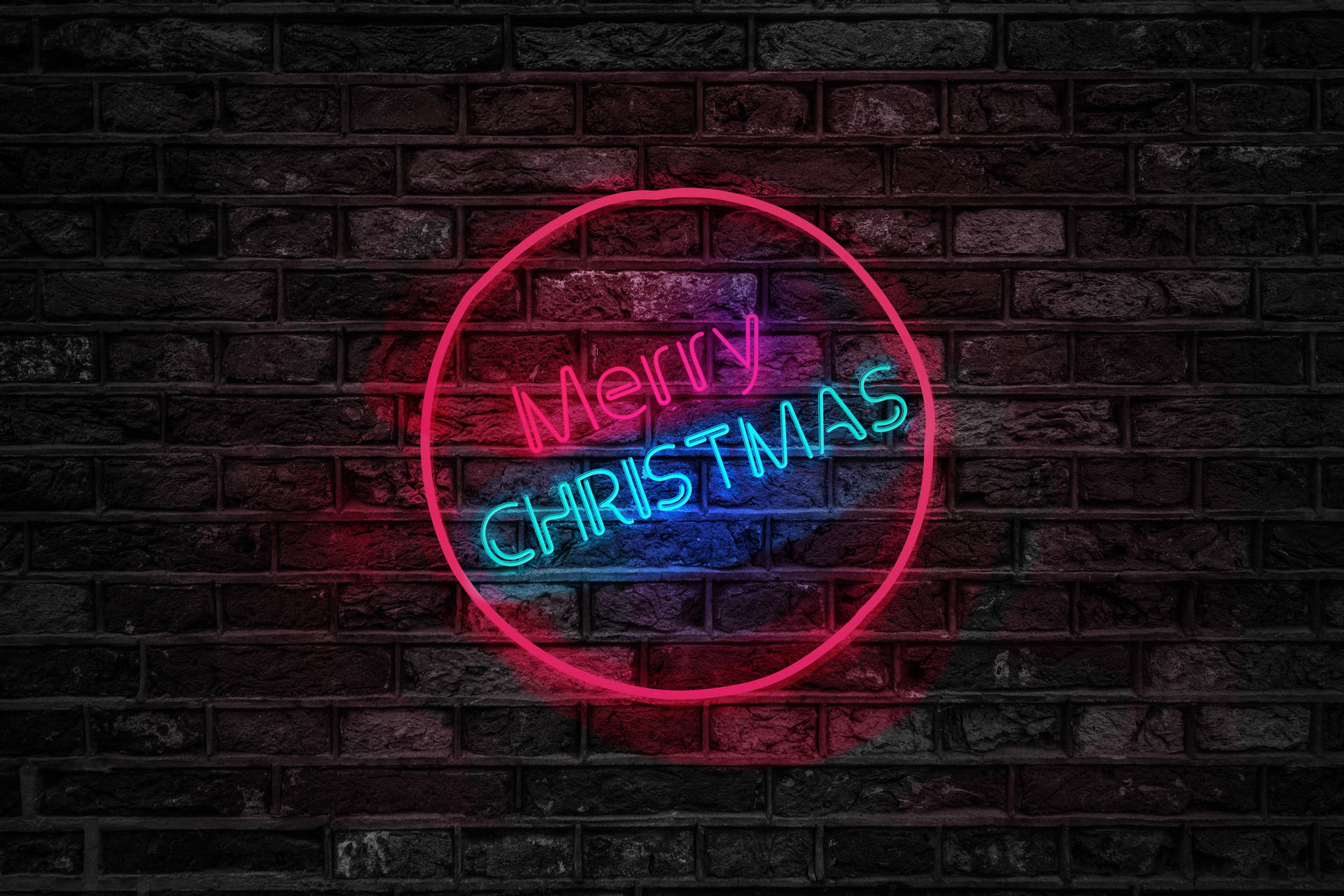Merry Christmas led sign in neon pink and blue wallpaper.