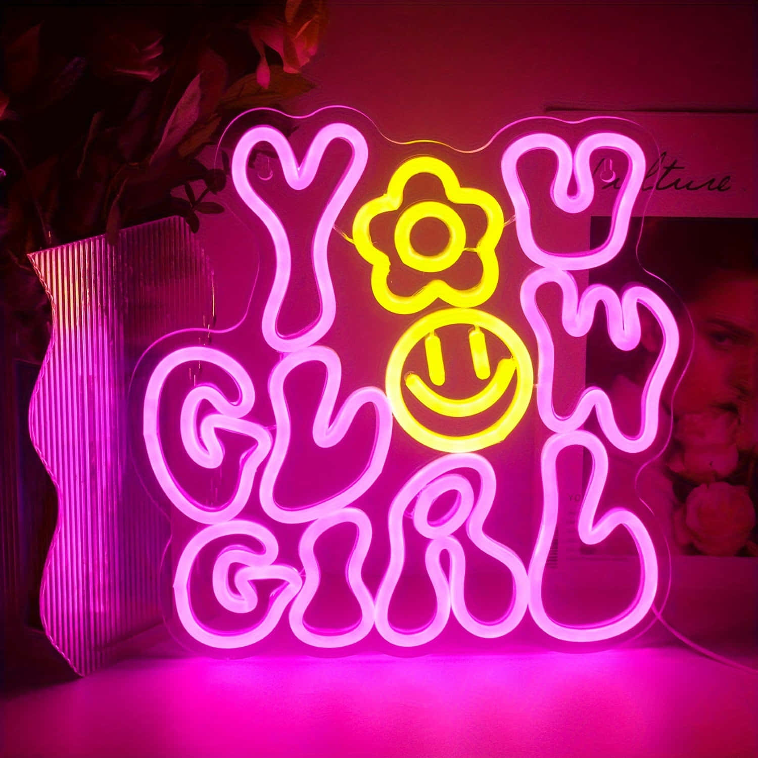 Glowing Neon Pink Y O U G O G I R L Sign Wallpaper