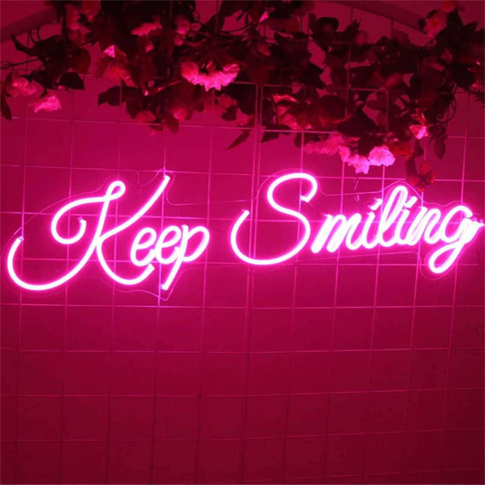 Glowing Neon Sign Keep Smiling Pink Aesthetic Wallpaper