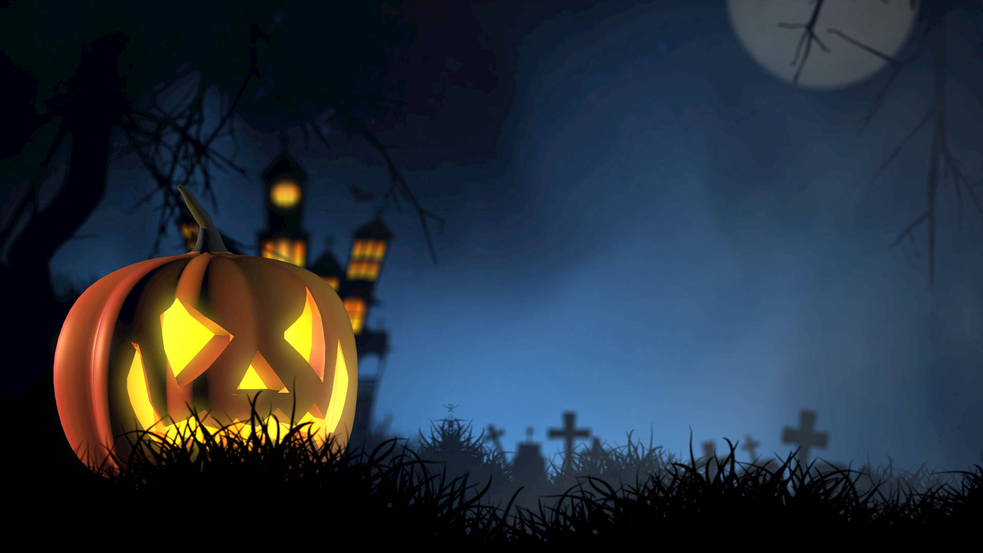 Glowing pumpkin on dark forest with haunted house.
