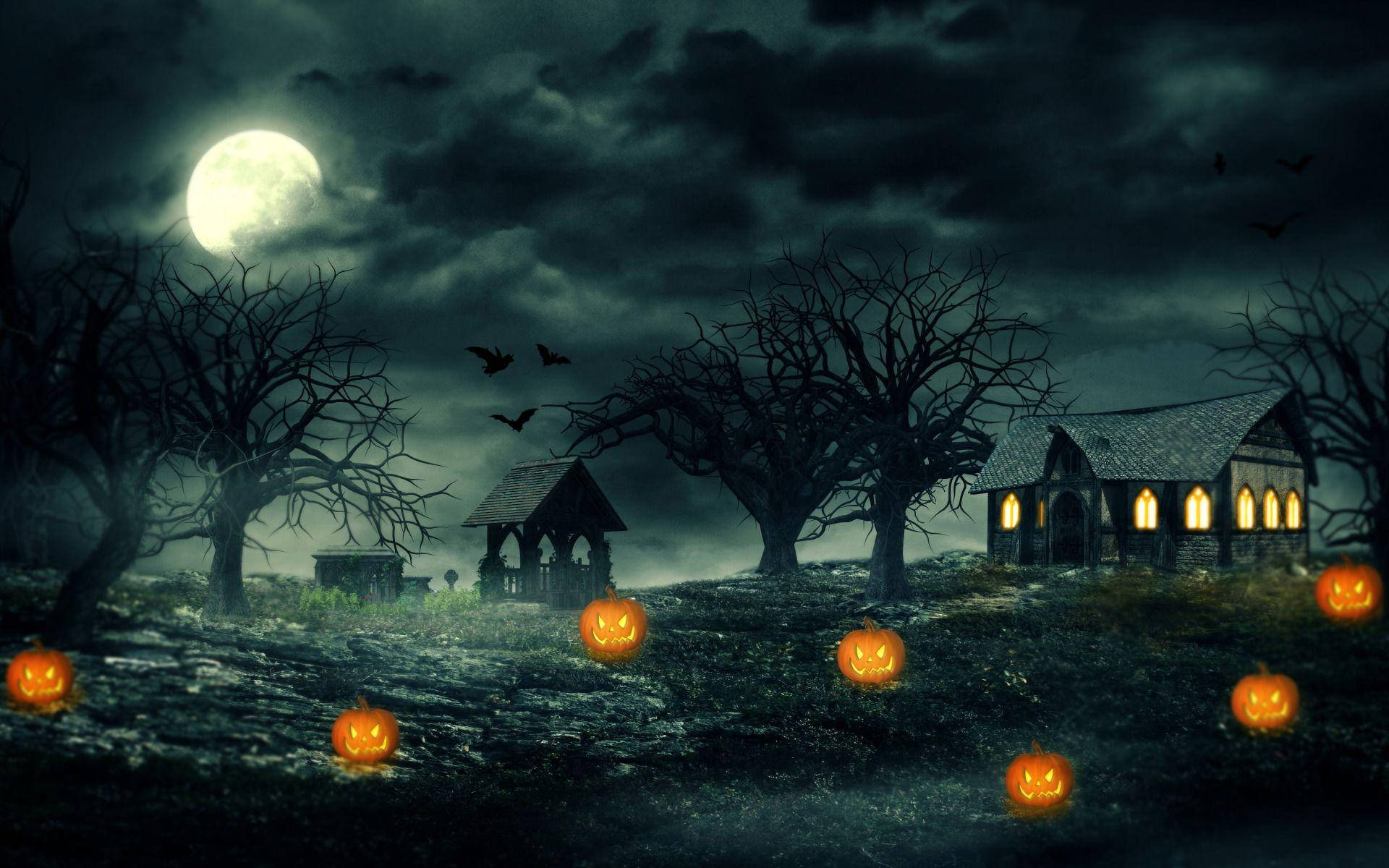 Glowing Pumpkins Outside Haunted House Wallpaper