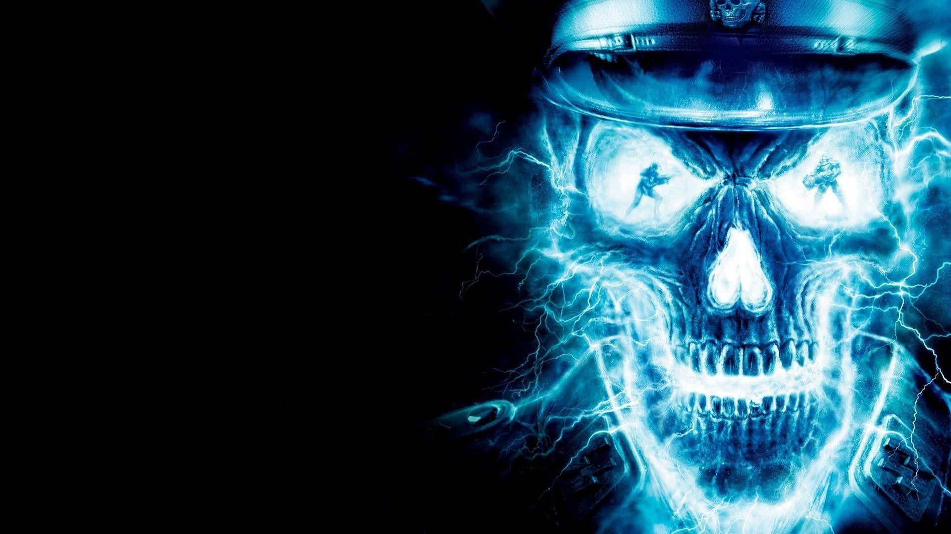 Glowing Skull Black And Blue Background Wallpaper
