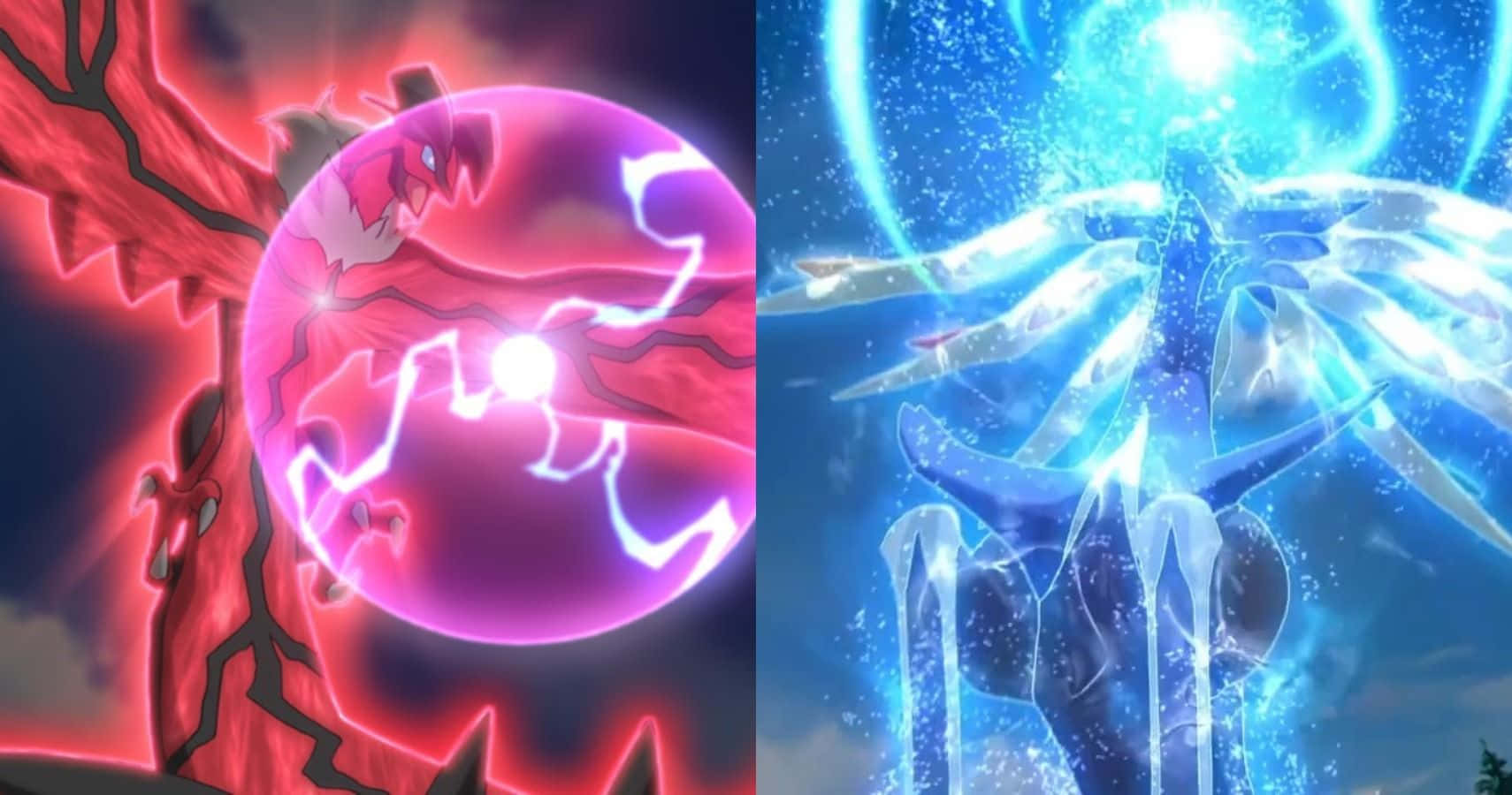 Glowing Yveltal And Xerneas Side By Side Wallpaper