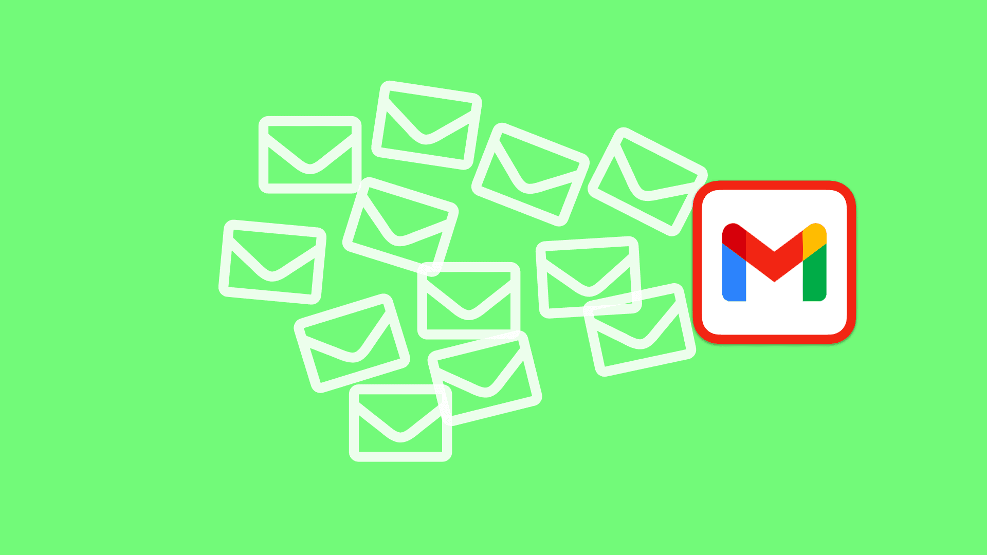 Connect to your Gmail Account instantly Background — A cluster of white outlined email icons flows toward the Gmail logo on a bright green background.