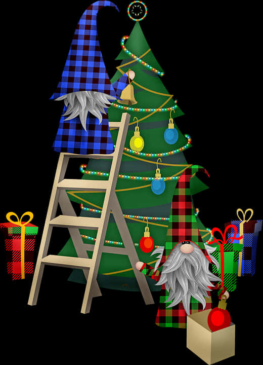 Gnomes Decorating Christmas Tree PNG