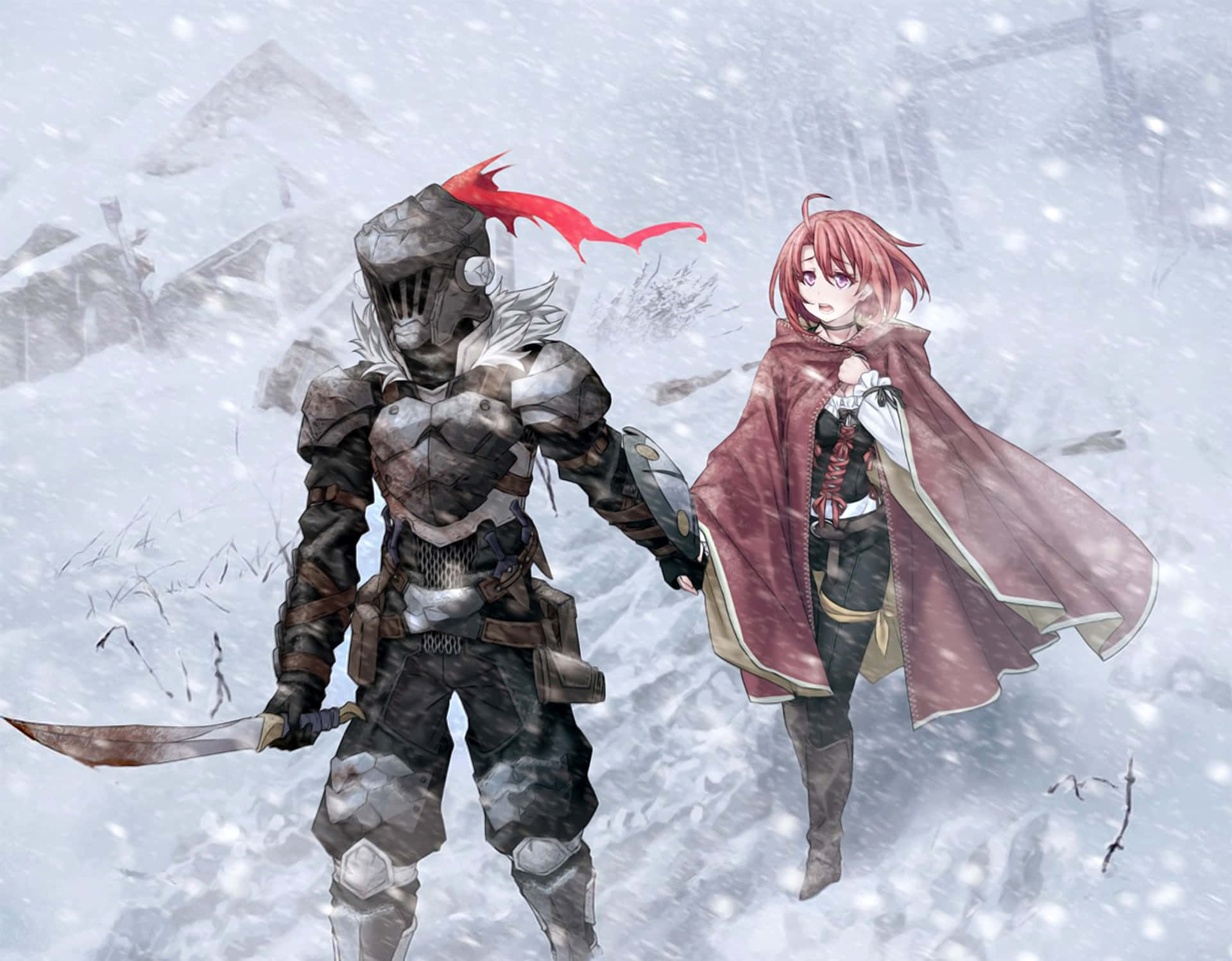 Goblin Slayer En Koe Meisje In Sneeuw Achtergrond