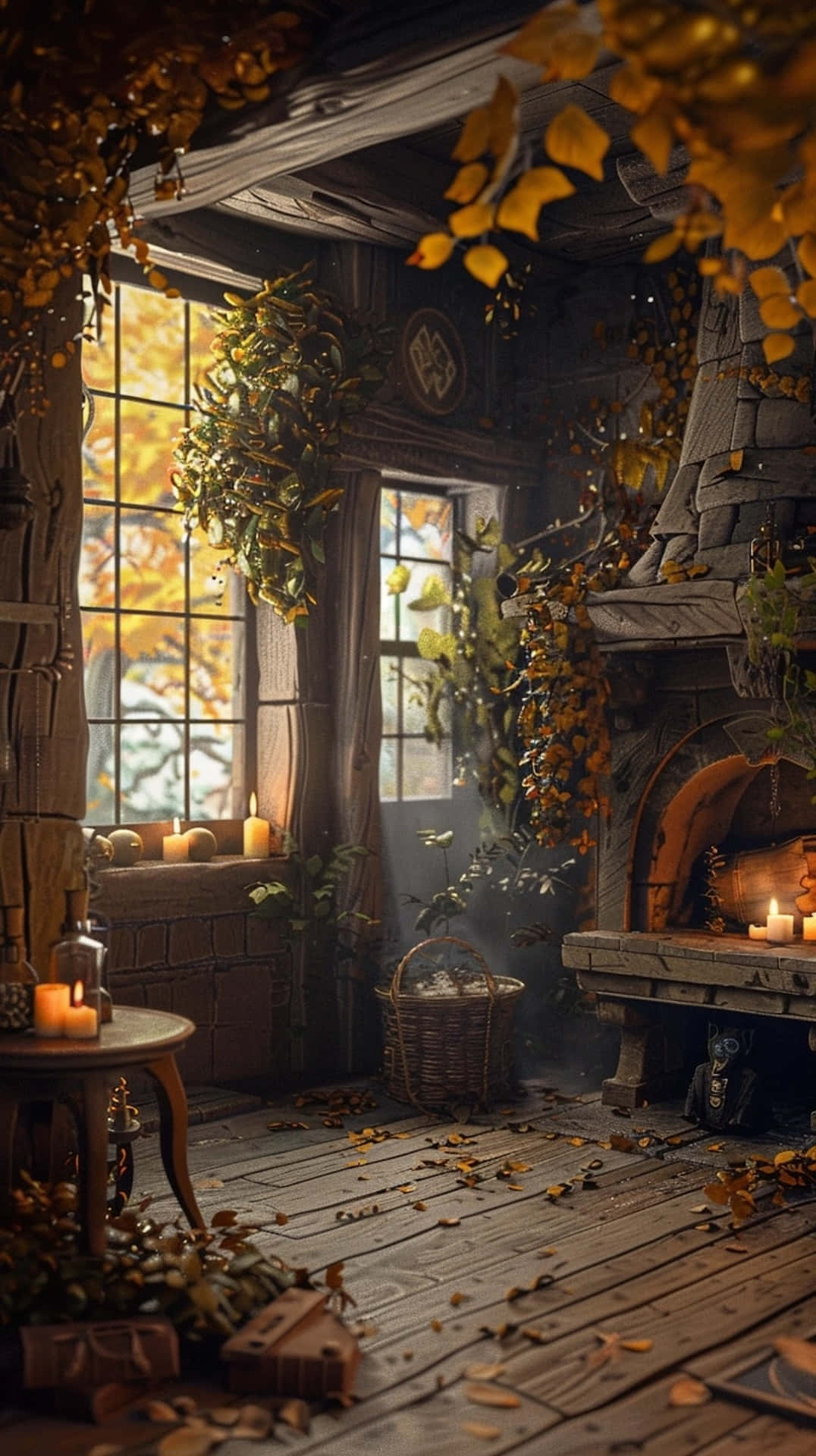 Goblincore Autumn Cottage Interior Wallpaper