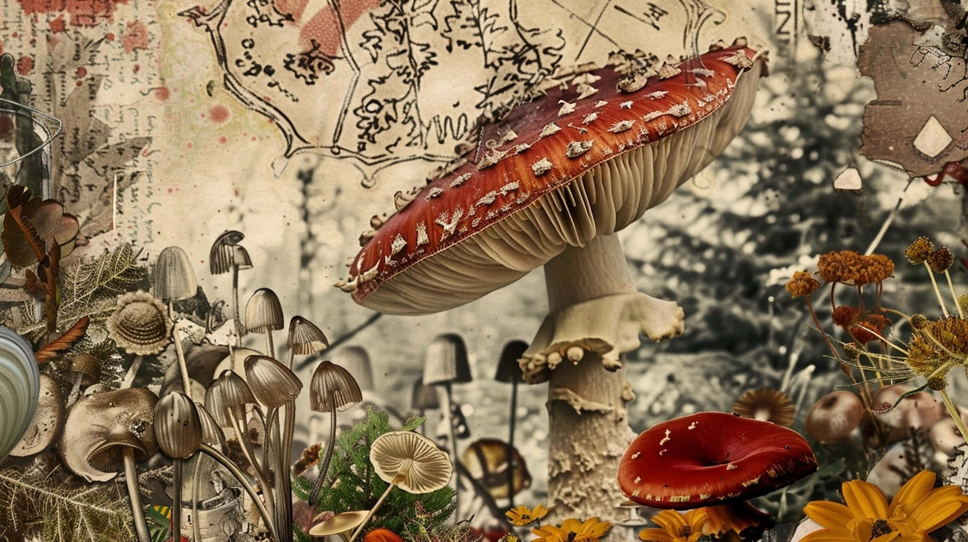 Goblincore Fantasy Mushroom Collage Wallpaper