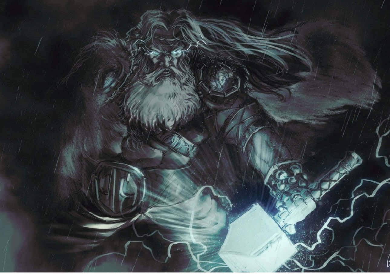 Thor the God of Thunder wielding Mjolnir. Wallpaper
