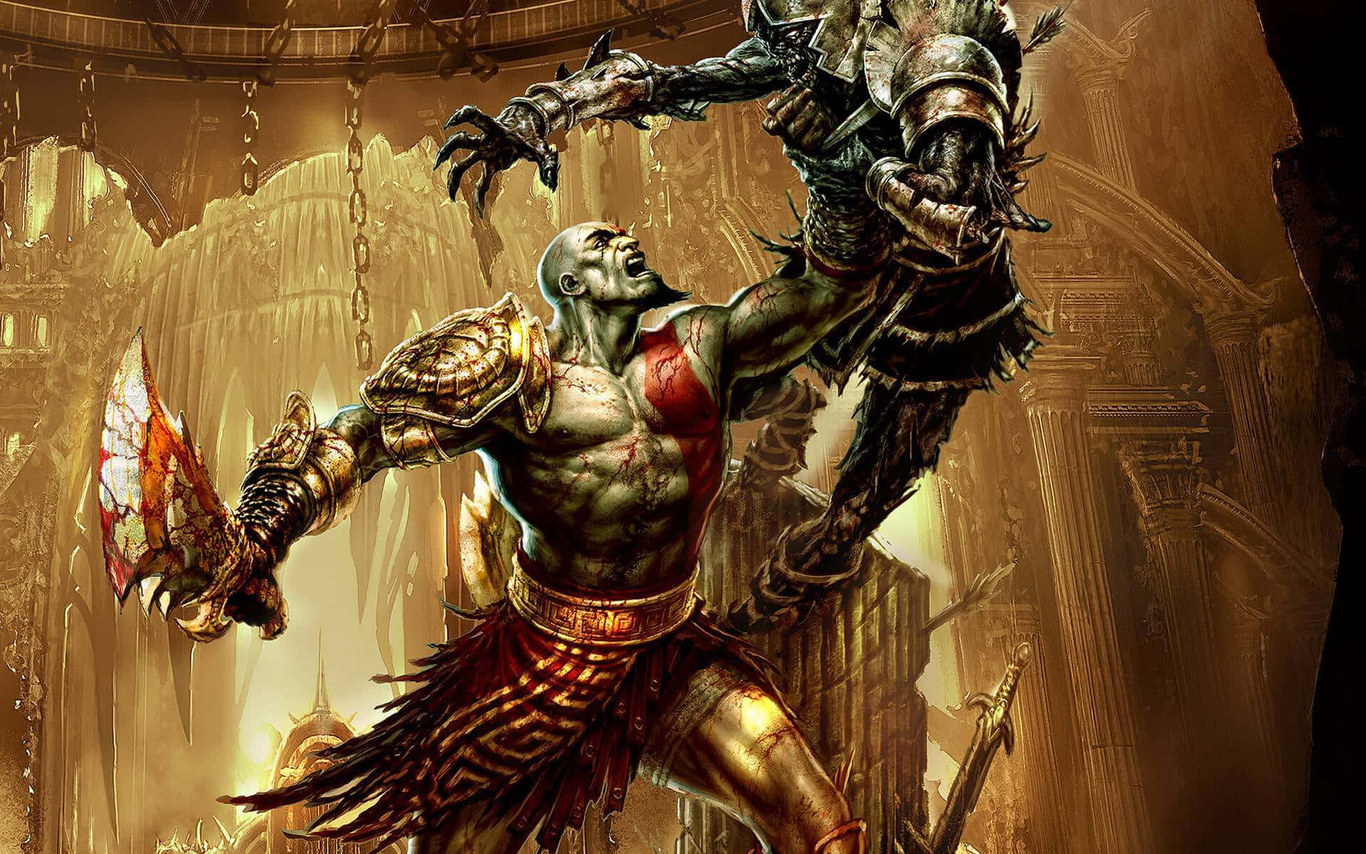 Caption: Kratos, the mighty Spartan warrior, in action within the iconic world of God of War