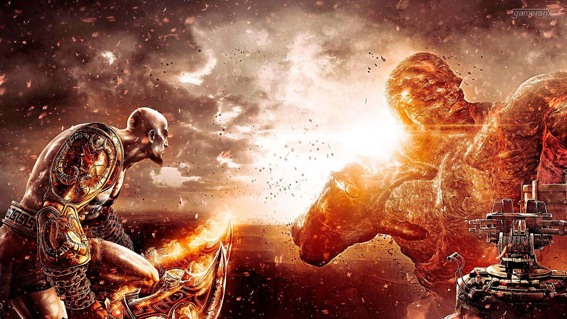Kratos takes on a powerful enemy in God of War 3. Wallpaper