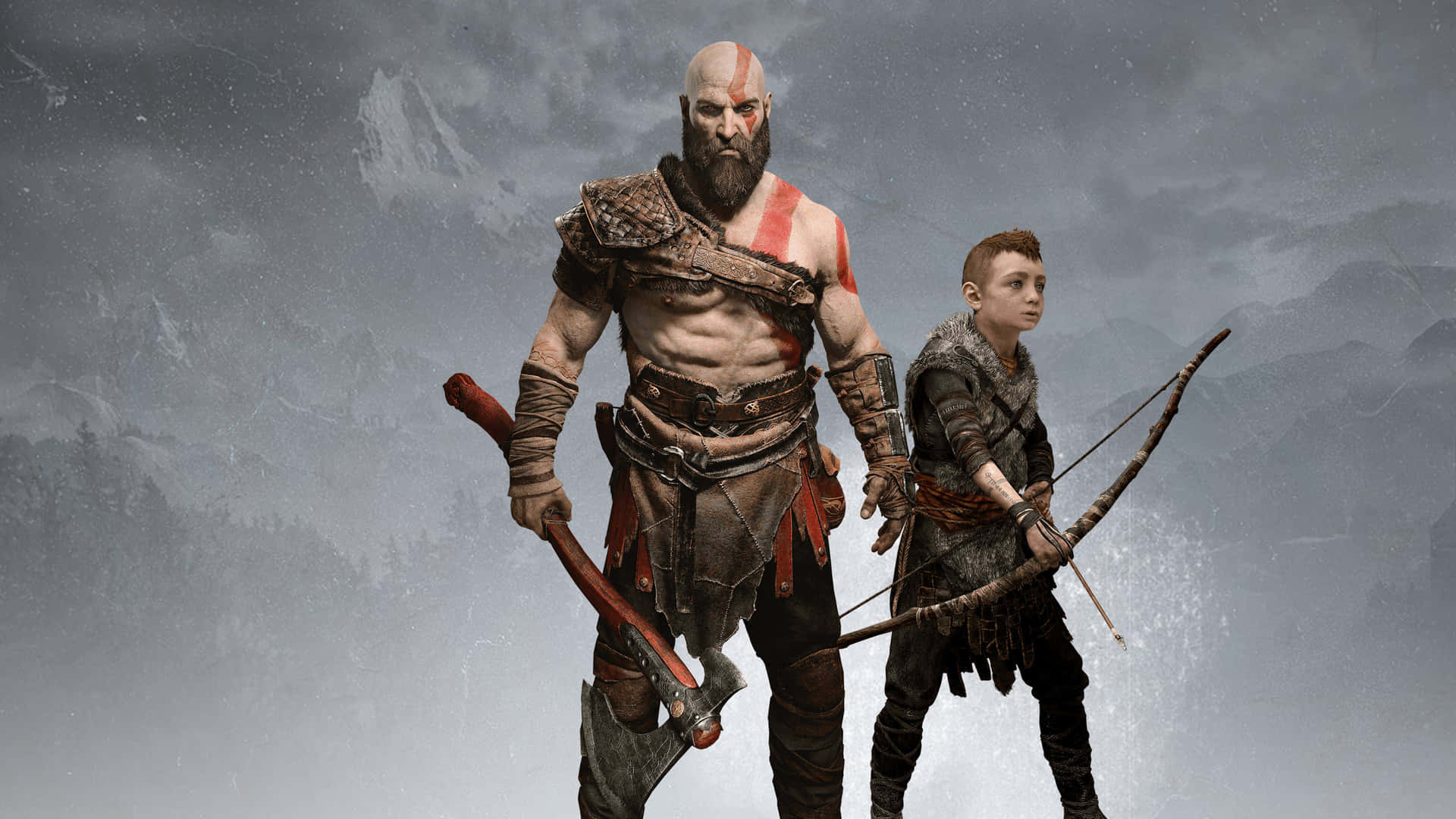 Epic battle scene featuring Kratos and Atreus from God of War Wallpaper