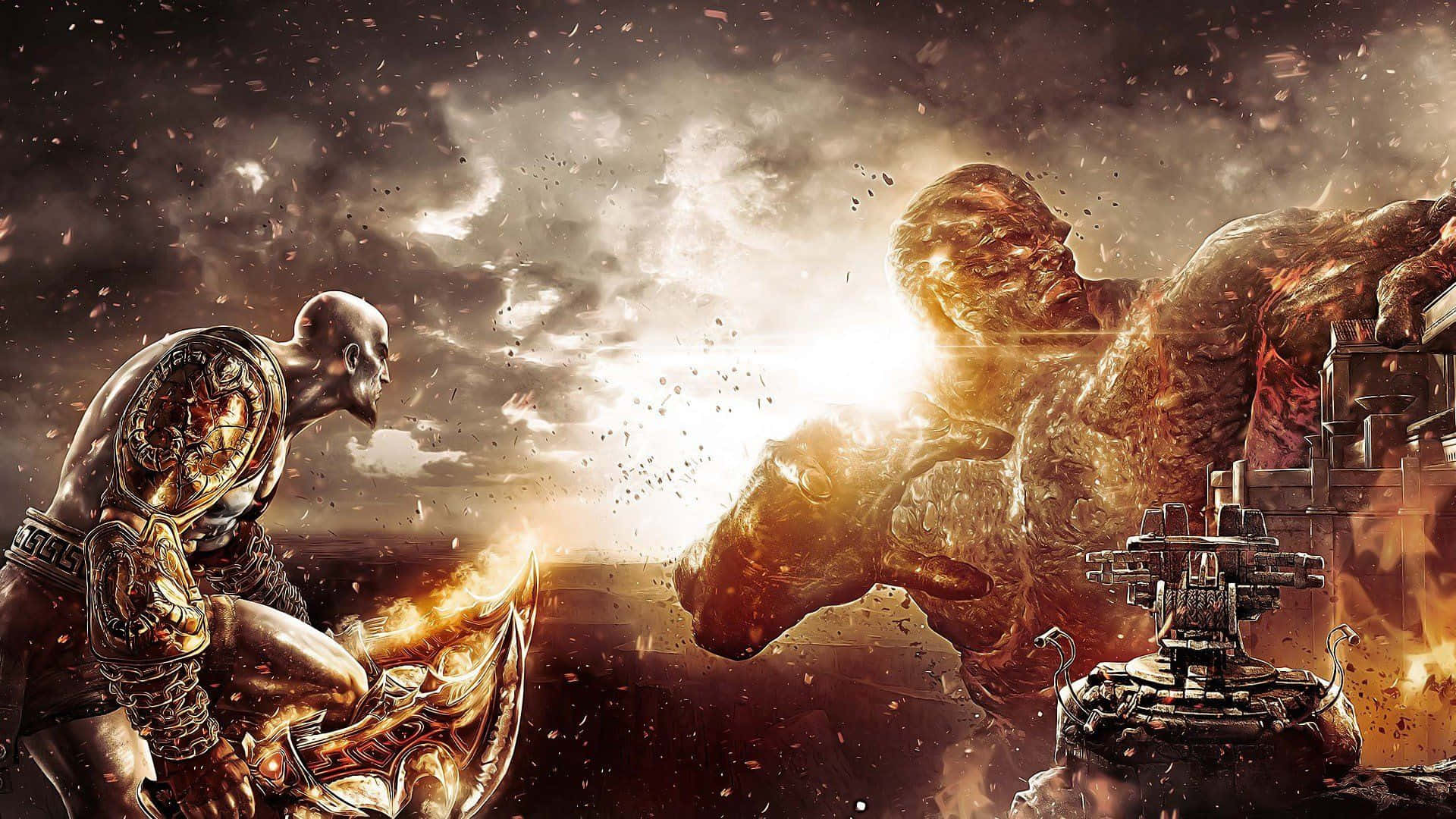 Kratossi Impegna In Combattimento Utilizzando Le Sue Armi E Poteri Distintivi. Sfondo