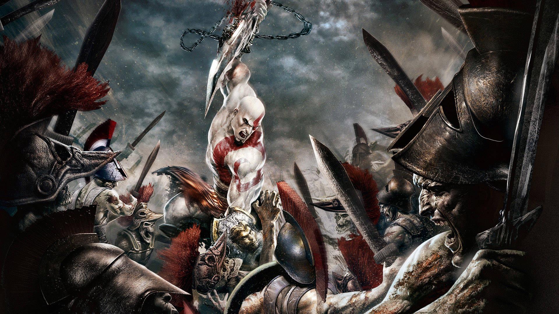 Kratos, a Spartan warrior, leads the charge against an army in the God Of War series. Wallpaper