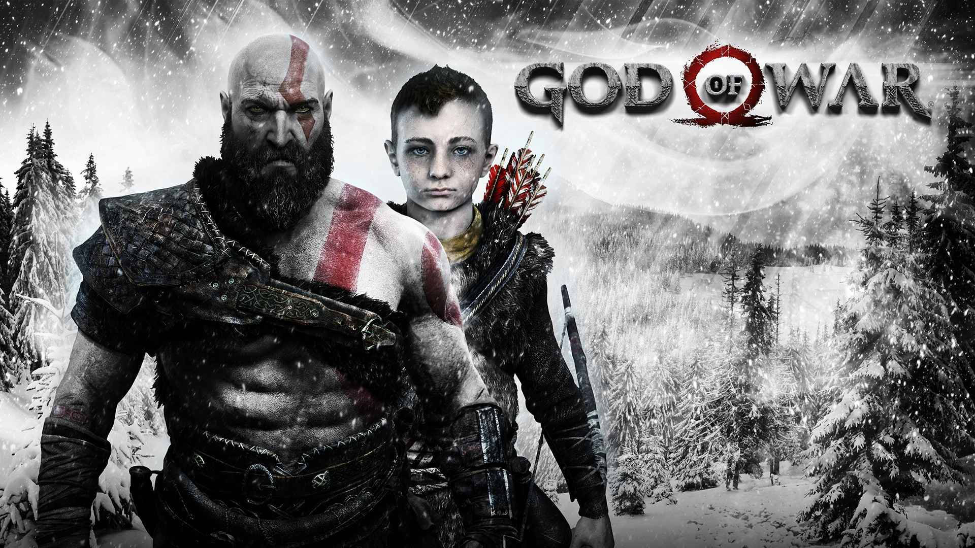 Portrait of Kratos and Atreus, a father and son duo, in the mythical world of God of War. Wallpaper