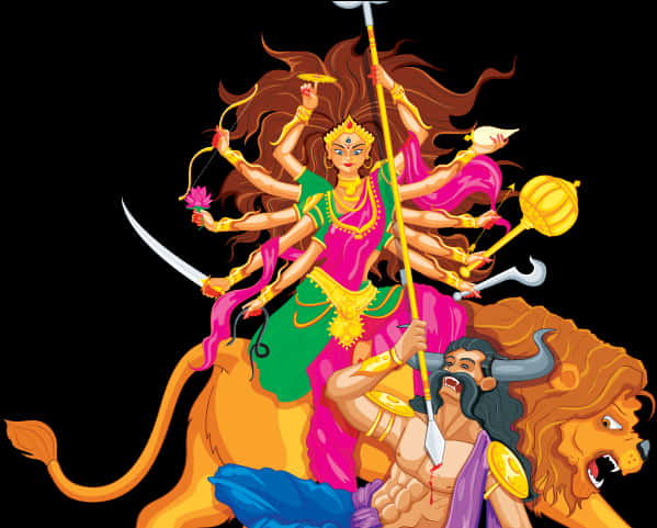 Goddess Durga Multi Armed Warrioron Lion PNG