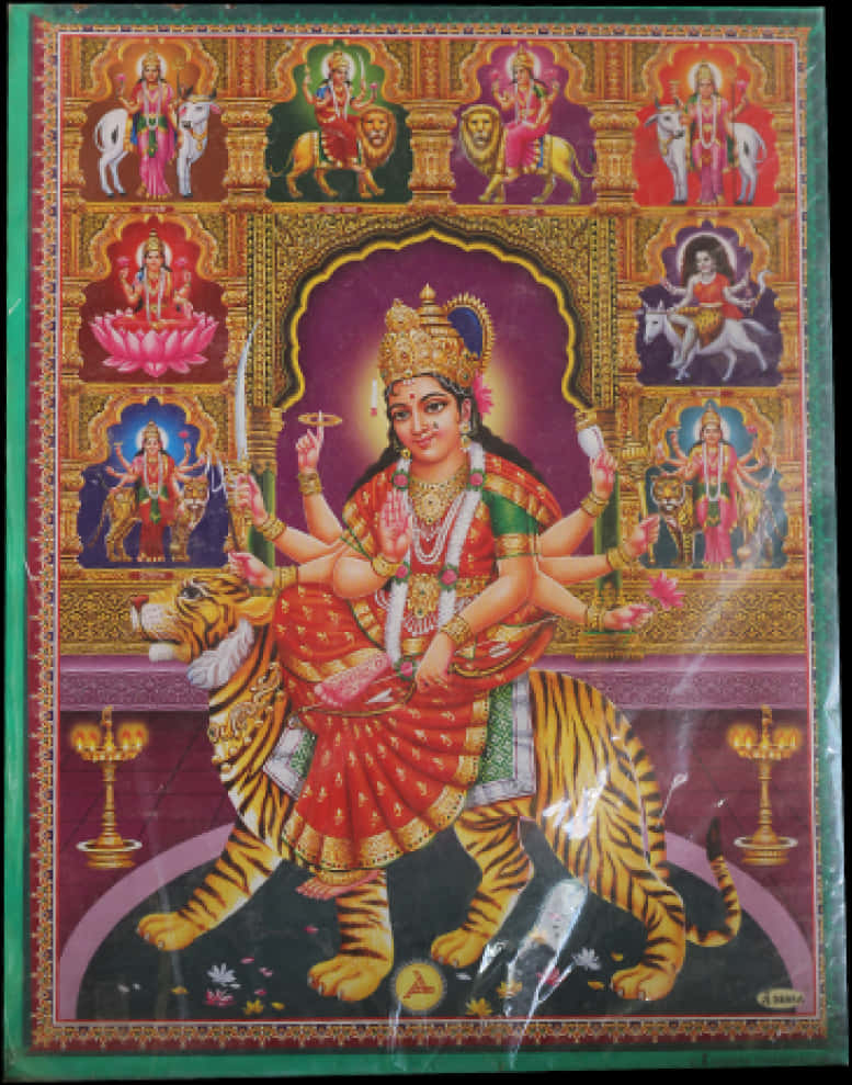 Goddess Durgaon Tigerwith Ashta Devi PNG