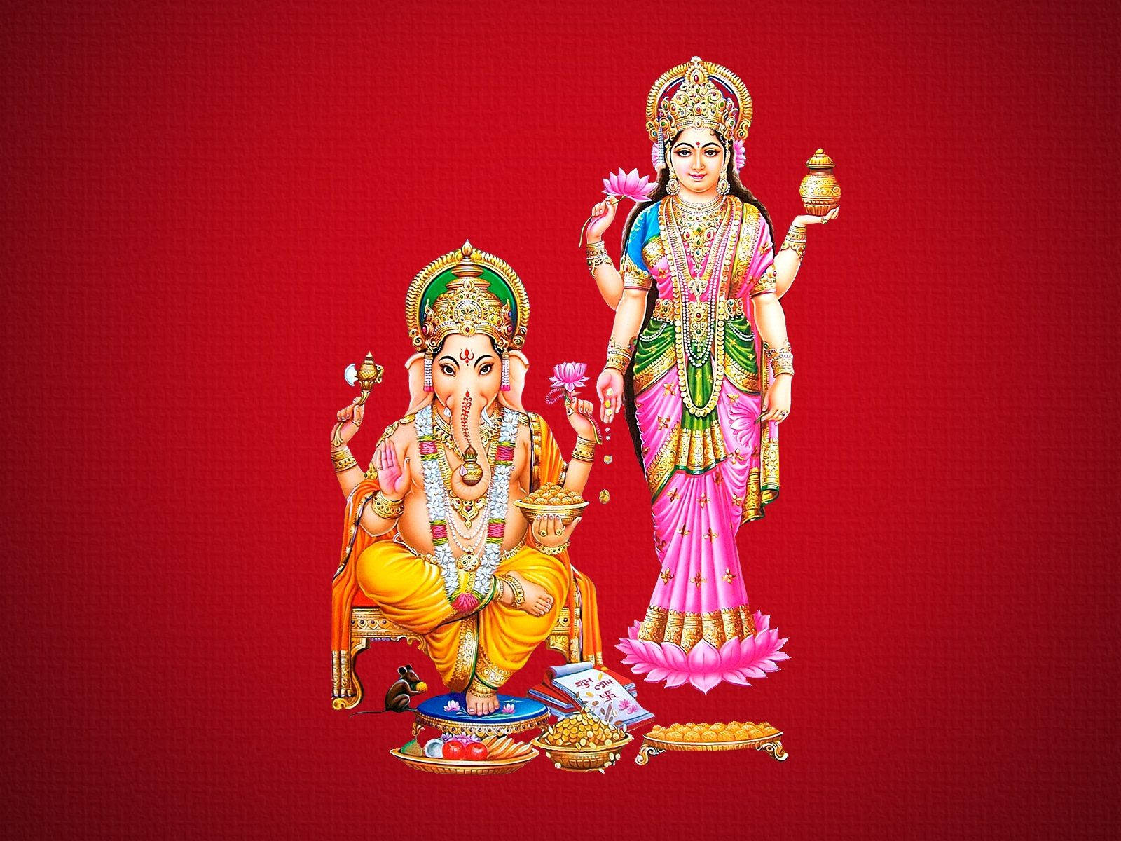 Goddess Lakshmi And Ganesh Red Aesthetic Hd Wallpaper