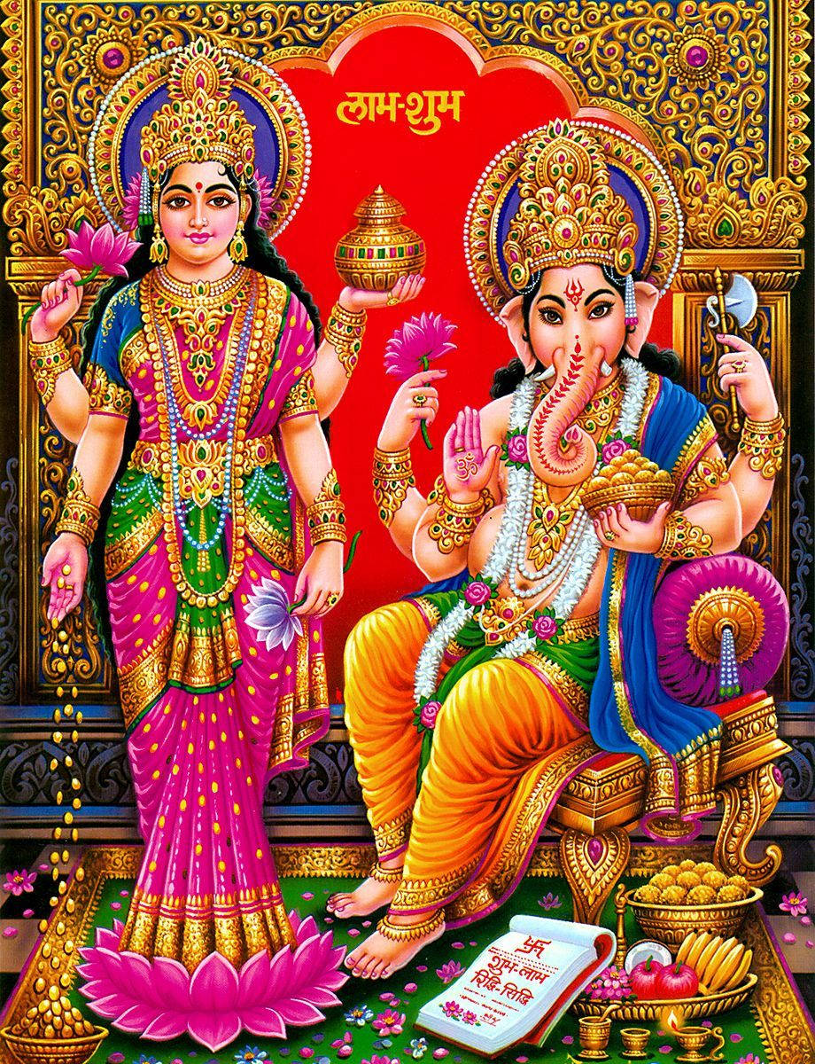 Gudinde Lakshmi og Herre Ganesh Tapet Wallpaper