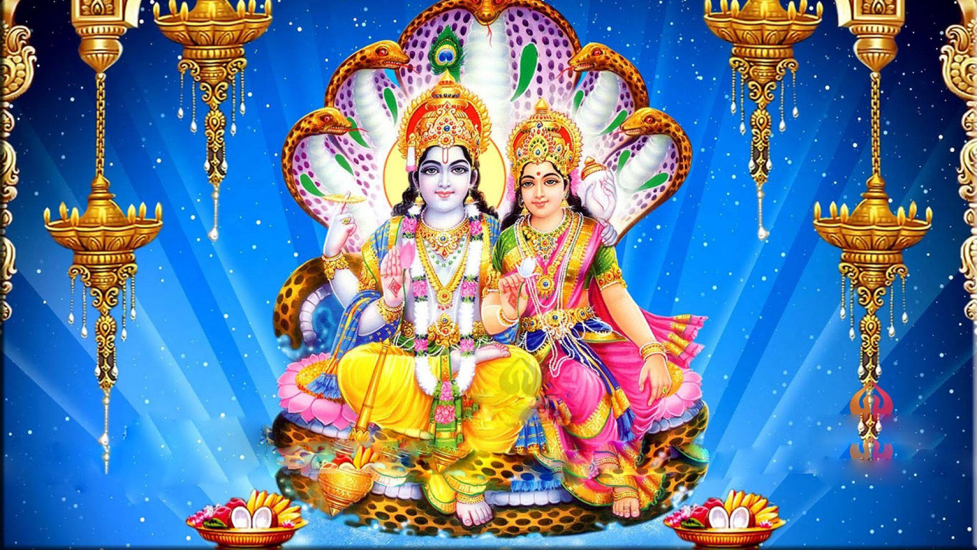 Goddess Lakshmi And Vishnu Gold Chandeliers Hd Wallpaper