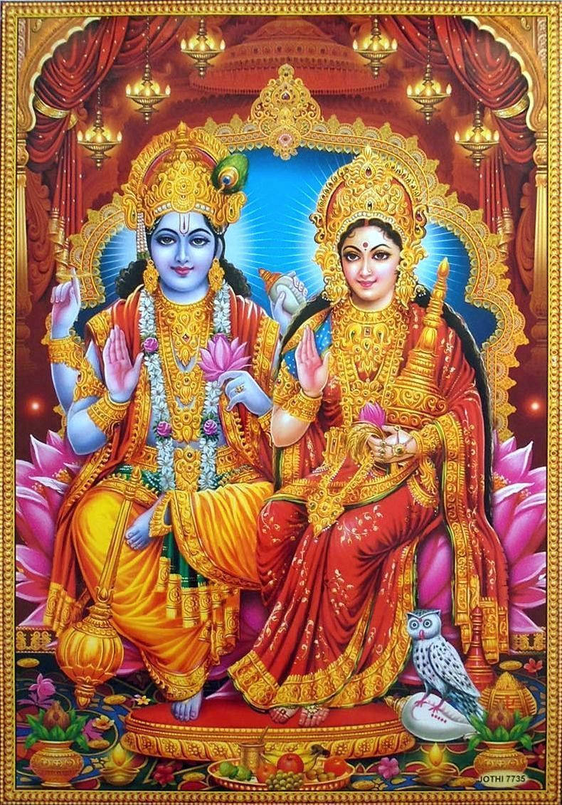 Goddess Lakshmi And Vishnu Golden Outfits Hd Wallpaper