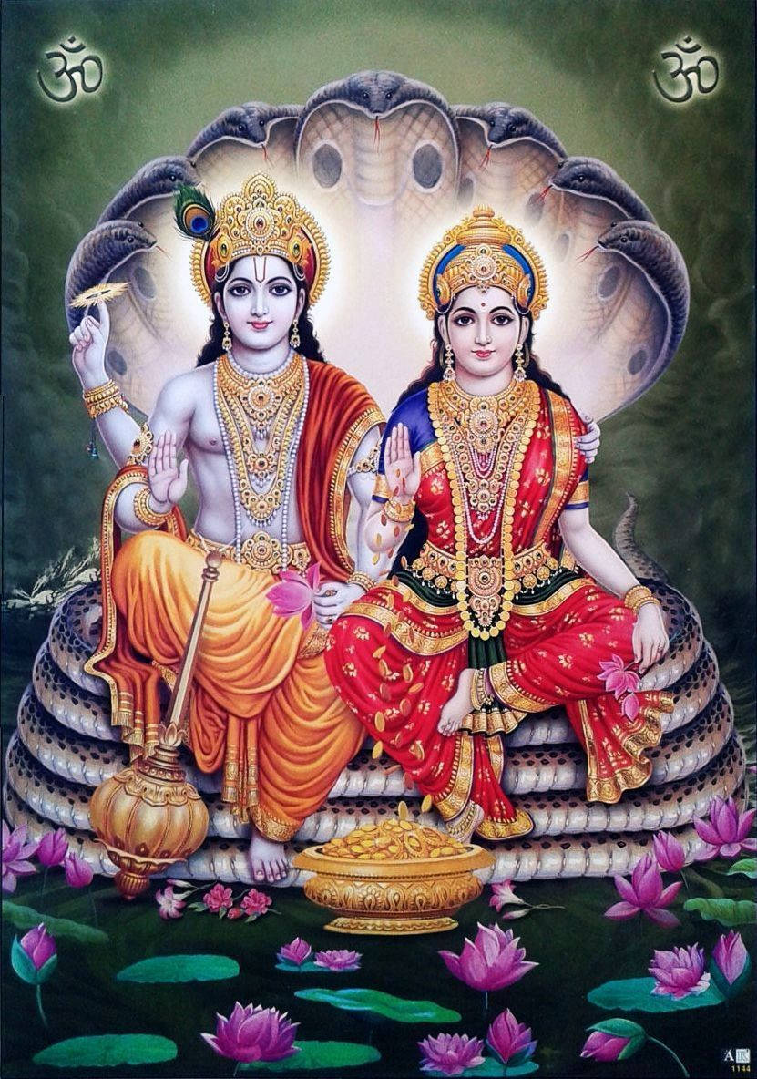 Goddess Lakshmi And Vishnu Sitting On Shesha Hd Wallpaper