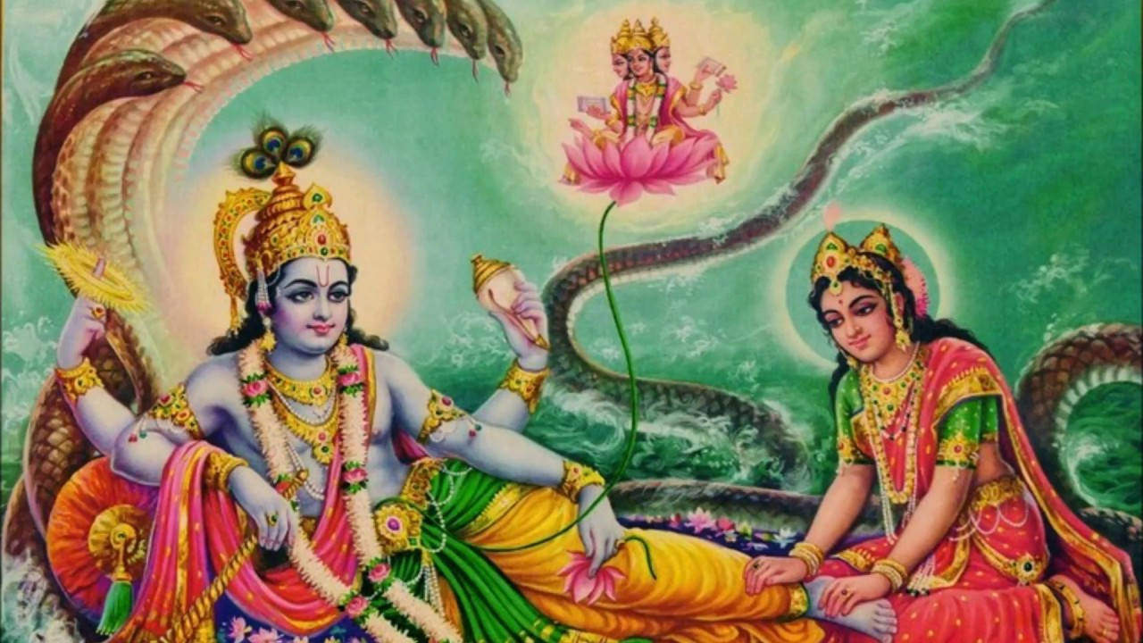 Goddess Lakshmi And Vishnu Snake Tails Hd Wallpaper
