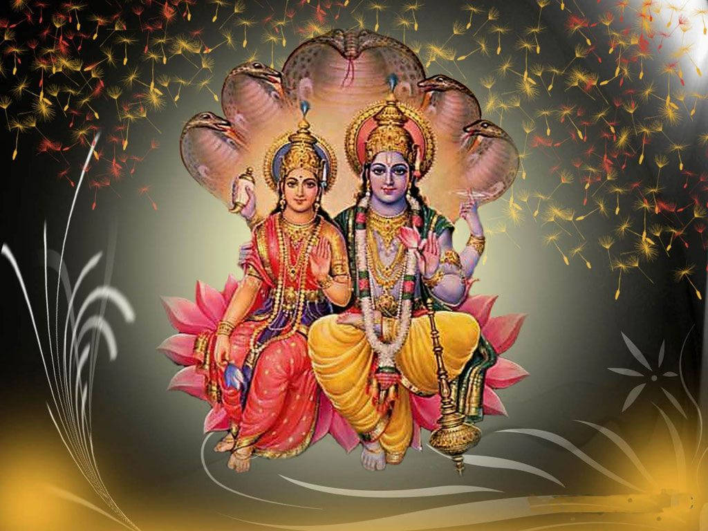 Goddess Lakshmi And Vishnu Yellow Flowers Hd Wallpaper
