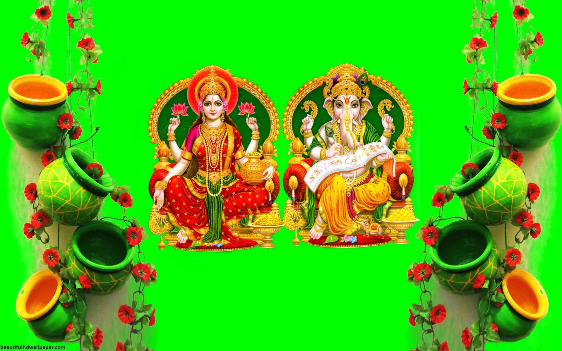 Goddess Lakshmi Ganesh Green Aesthetic Pots Hd