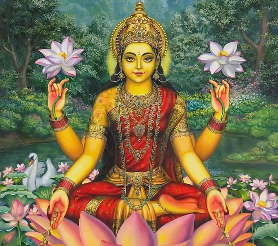 Goddess Lakshmi In Forest White Flowers Hd Wallpaper
