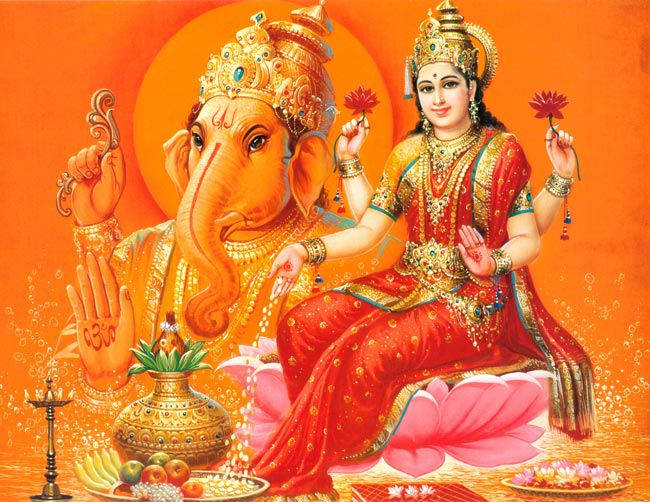 Gudinde Lakshmi med Herren Ganeshas vidunderlige velsignelse. Wallpaper
