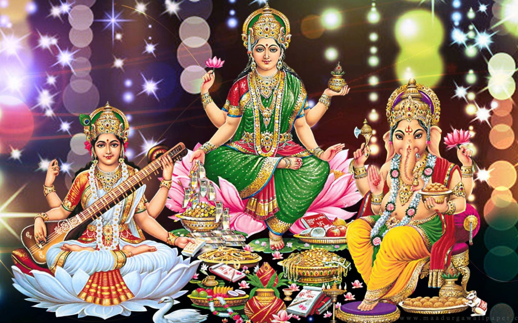 Download Goddess Lakshmi With Saraswati And Ganesh Hd Wallpaper | Wallpapers .com