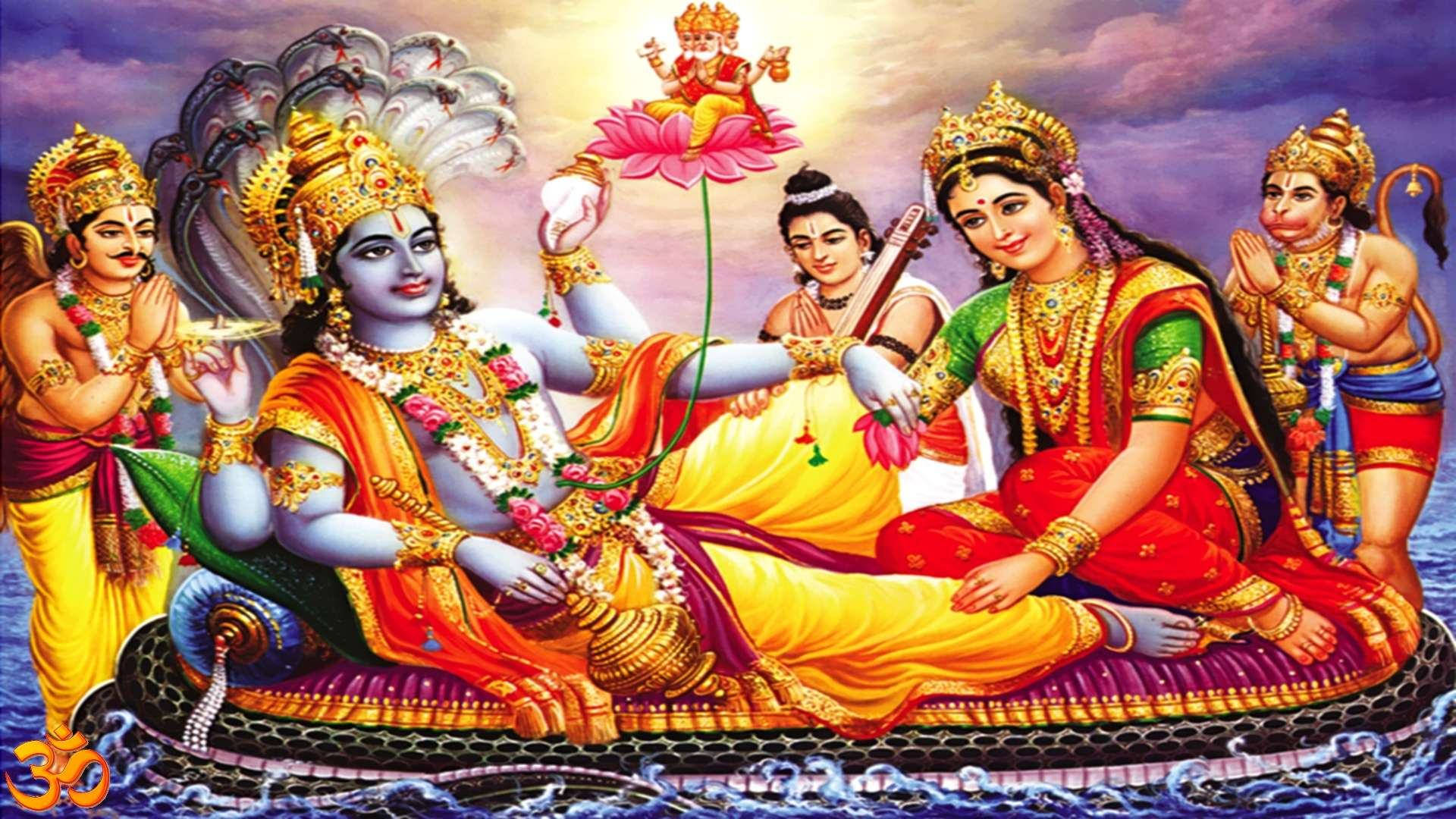 Goddess Lakshmi With Vishnu And Servants Hd Wallpaper