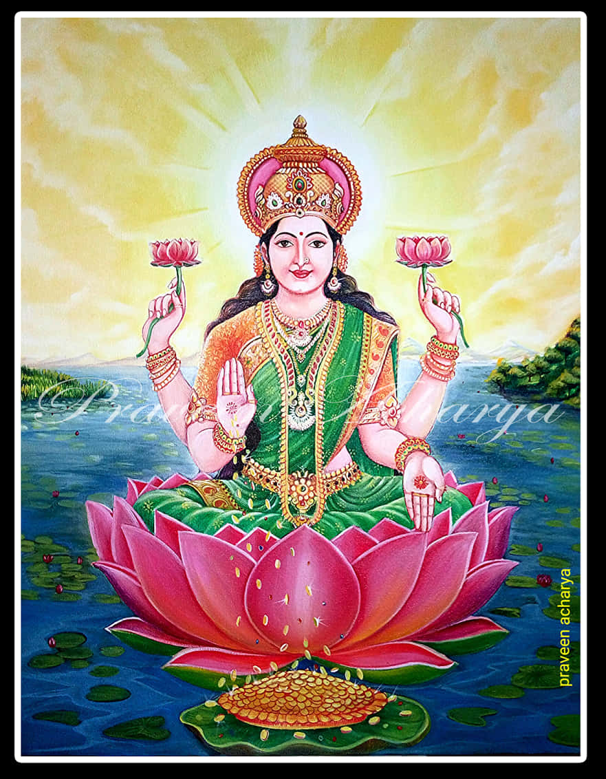 Goddess Lakshmion Lotus Painting PNG