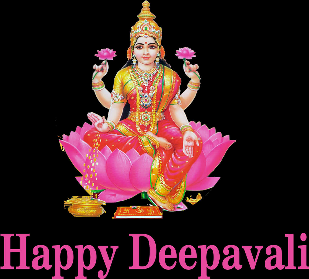 Goddess_ Lakshmi_ On_ Lotus_ Happy_ Deepavali PNG