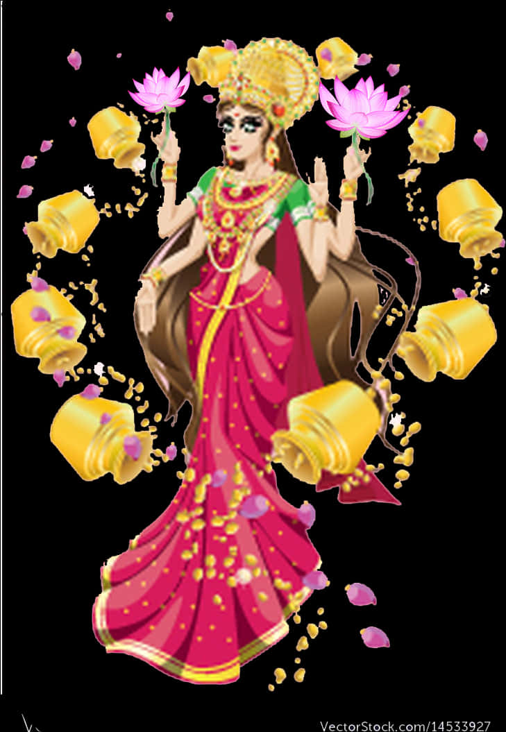 Goddess_ Lakshmi_with_ Lotuses_and_ Golden_ Pots PNG