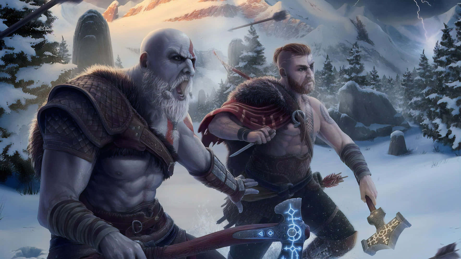 Godof War Ragnarok Kratos Atreus Readyfor Battle Wallpaper